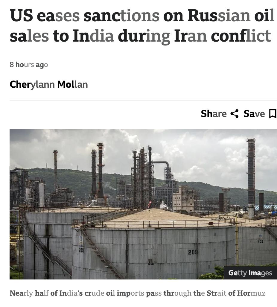 外媒：美国临时放宽对印制裁，允许印度购买滞留海上的俄罗斯石油

受美伊战争升级影