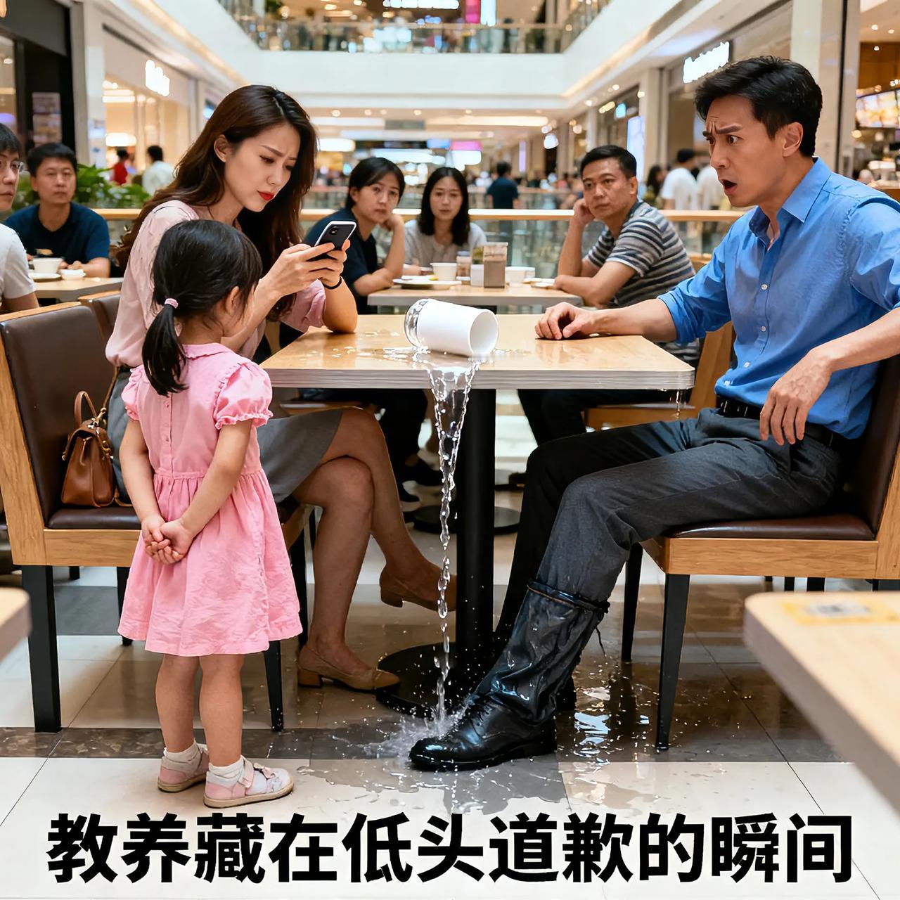 教养藏在低头道歉的瞬间 女孩打翻水杯家长摆烂引众怒
 
商场里小女孩失手打翻水杯