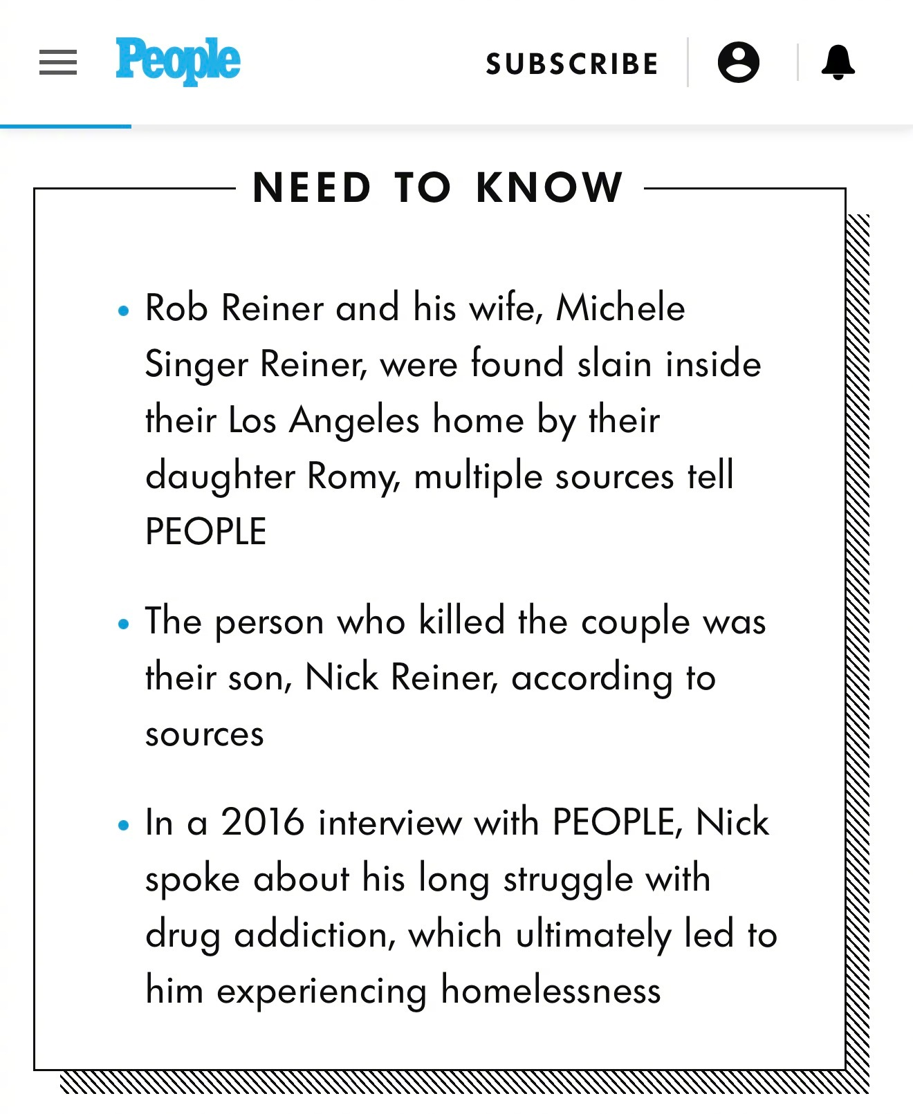 据《人物》， 罗伯·莱纳夫妇俩是被自己儿子Nick Reiner杀死的…… 曝怦