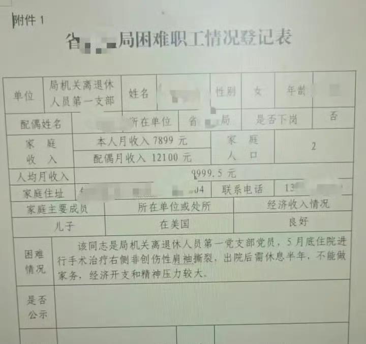 儿子在美国、夫妻俩是机关退休月入两万，被列为困难职工？
         真是不