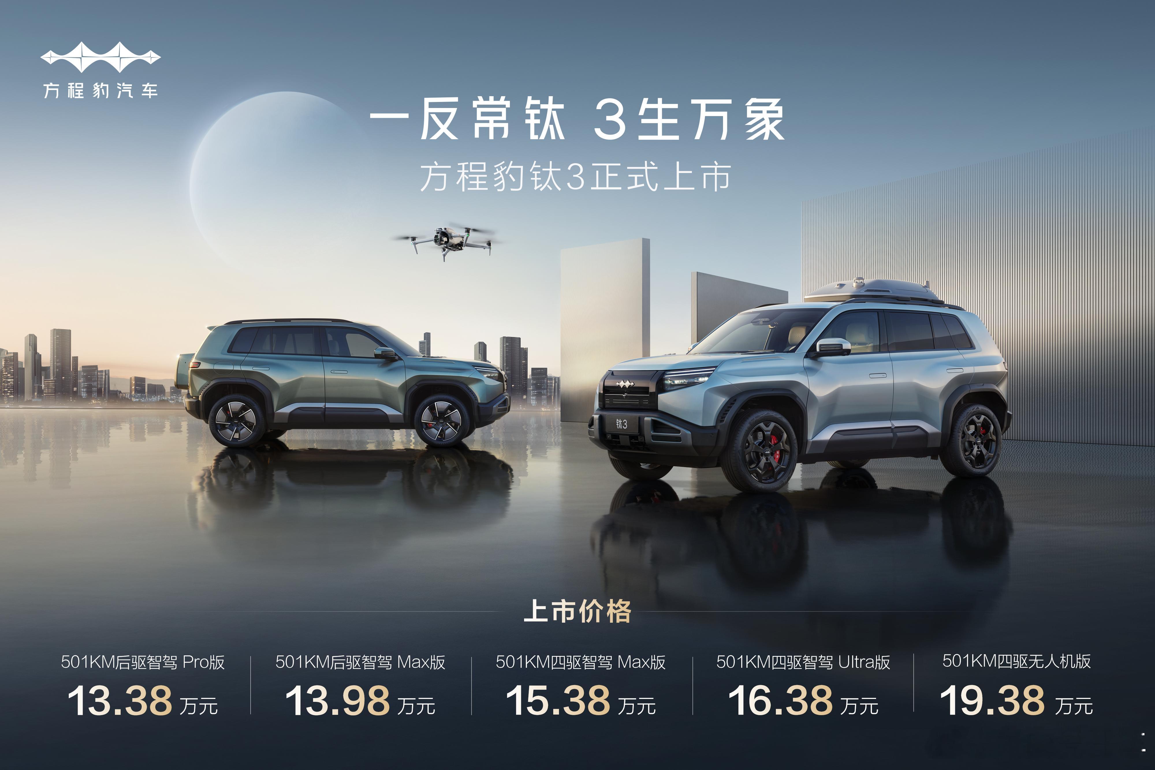 4月16日，比亚迪钛3正式上市，解锁科技潮品新玩法，钛3共计5个版本，售价13.