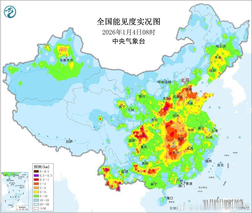 【雾和霾】今晨在山西、湖北、湖南、四川、贵州、云南部分地区出现大雾，局地出现能见