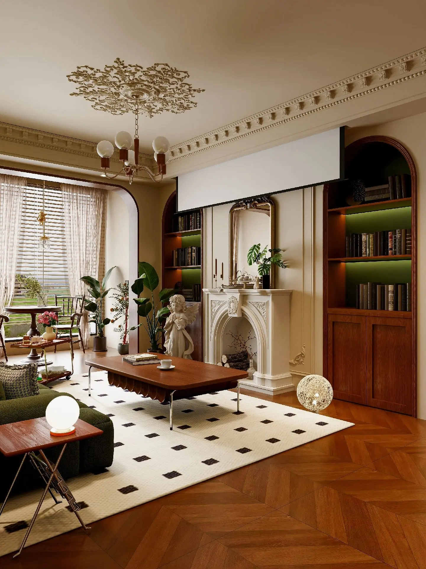 女孩子喜欢的浪漫法式复古独居小窝，精致的石膏线条，搭配胡桃木质感的地板...