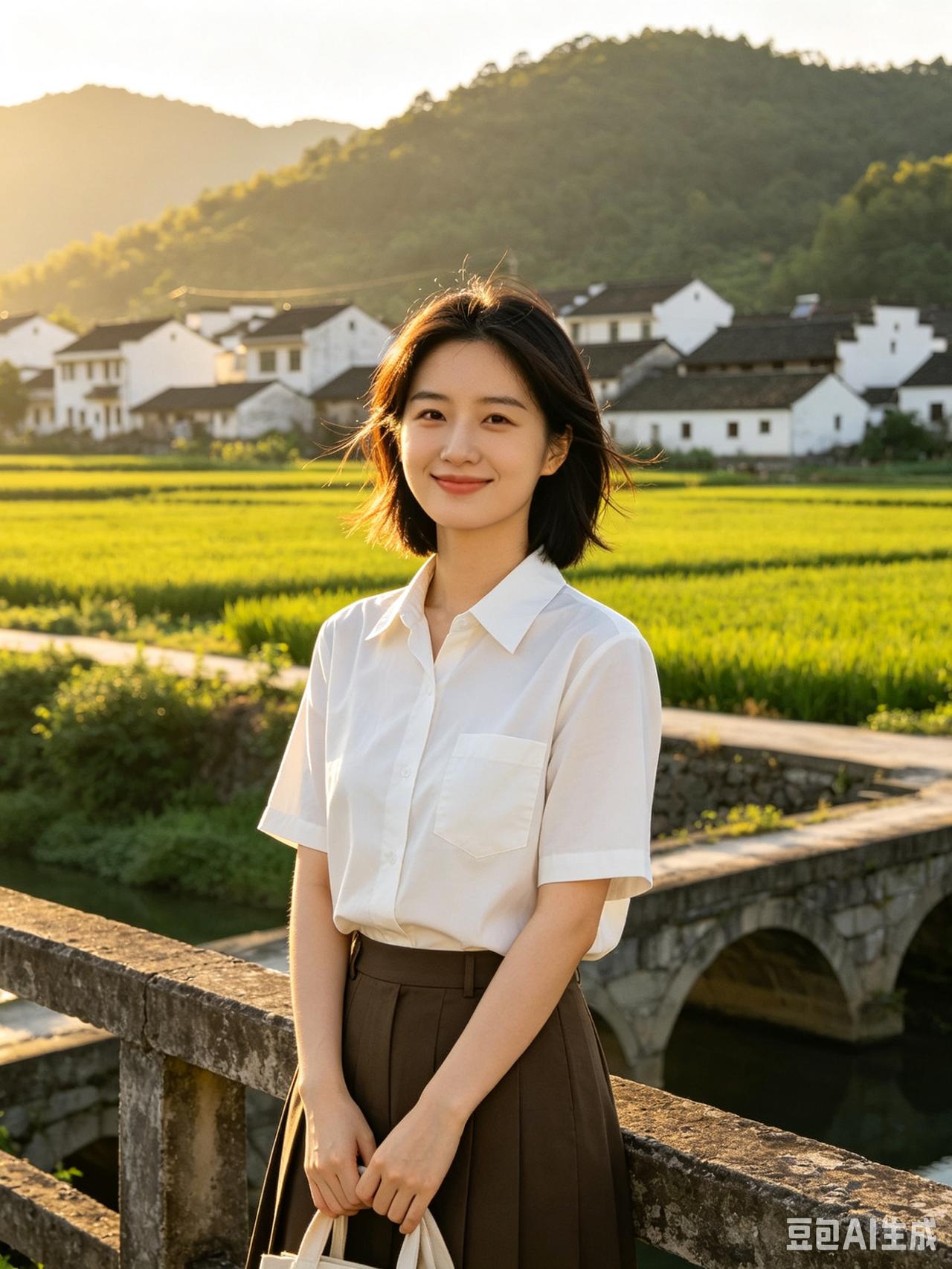 桥畔倩影归田志
埋书种梦寄家园 一笑昂然挺脊梁
愿守田园日月暖 不贪都市霓虹光