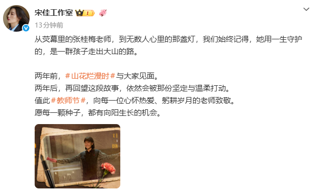宋佳工作室山花烂漫时两周年发文 ：愿每一颗种子，都有向阳生长的机会。 ​​​