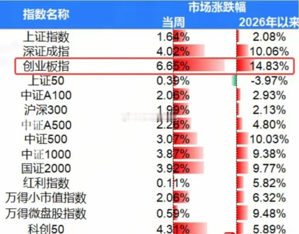 今晚看了下，其实2026年大A真不差的，创业板大涨近15%，深成指也涨了10%，