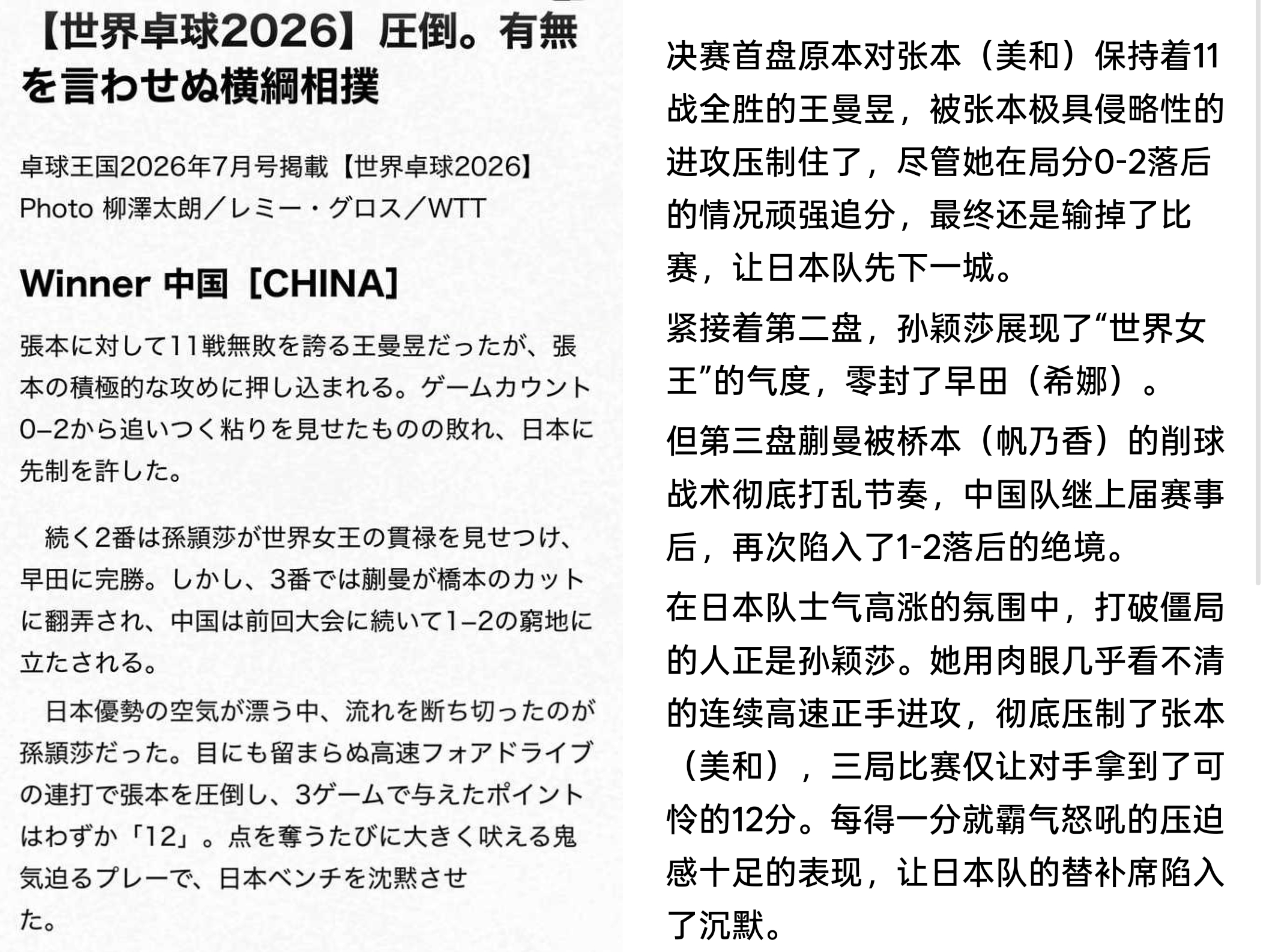 孙颖莎 【🇯🇵世界桌球2026】Winner  [CHINA]中国🇨🇳压