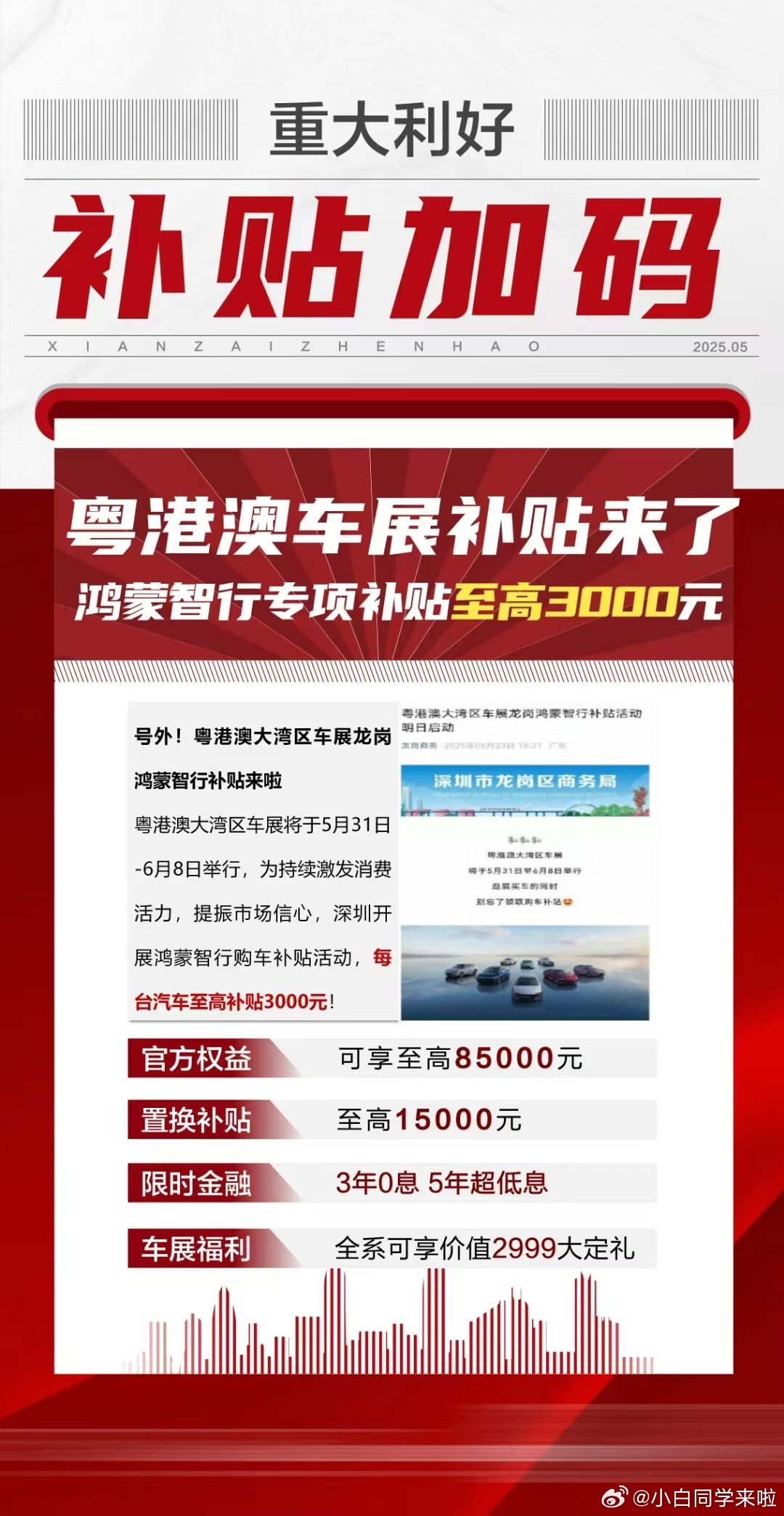 果然是主场啊，粤港澳车展期间鸿蒙智行推出至高 3000 元的专项补贴。突然想起来