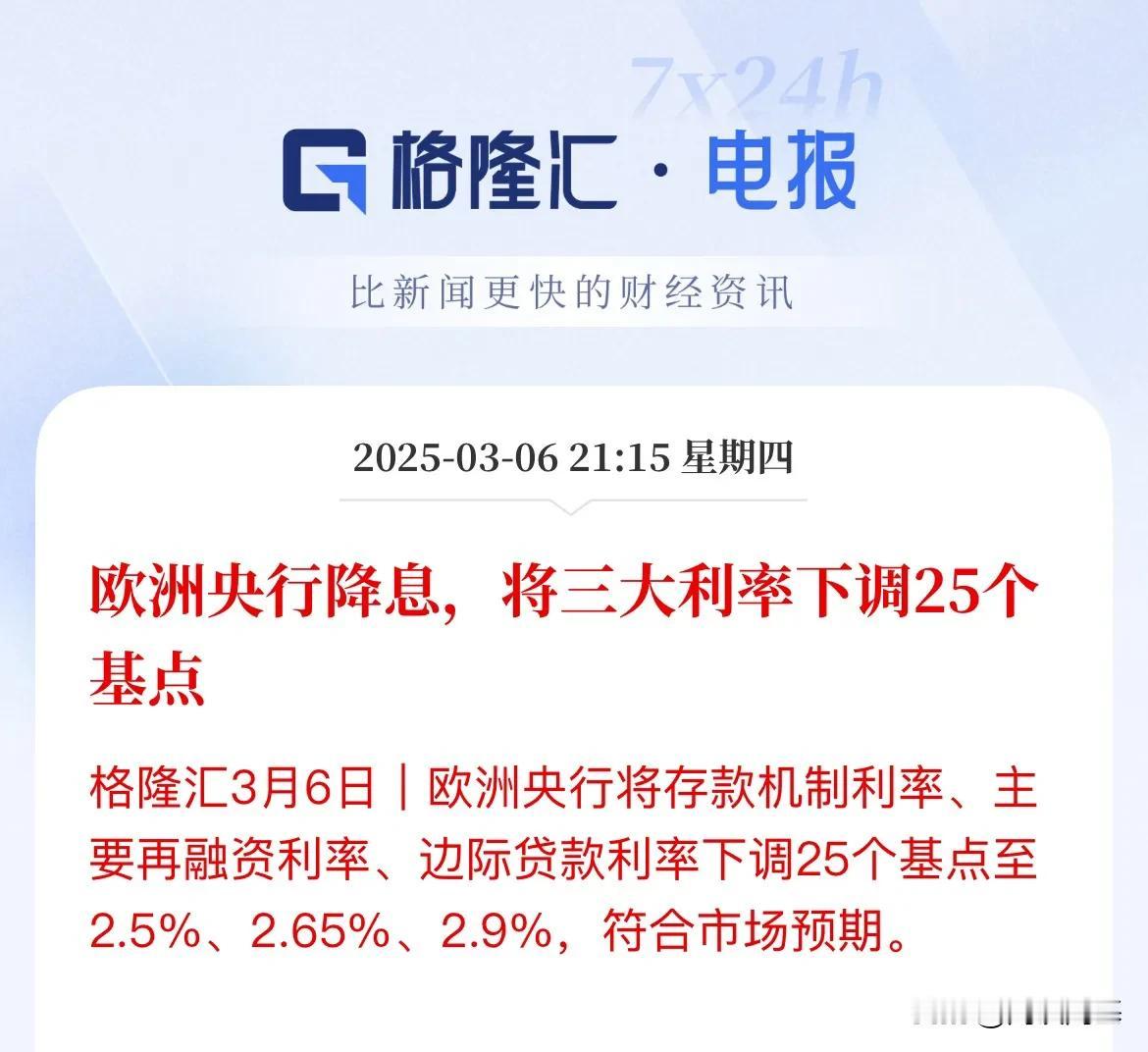 降息了，欧洲央利率决议公布！符合市场预期，下调25个基点

欧元区欧洲央行主要再