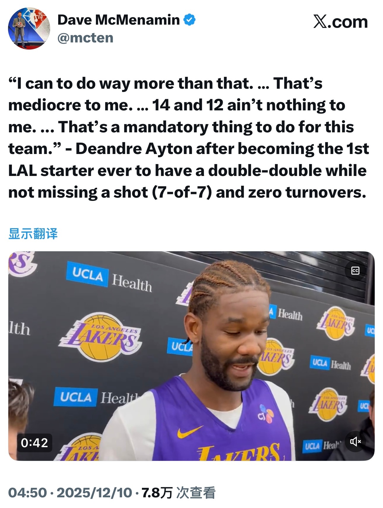 上一场成为湖人队史首个投篮全中、没有失误、且得到两双数据的先发球员后，艾顿表示：