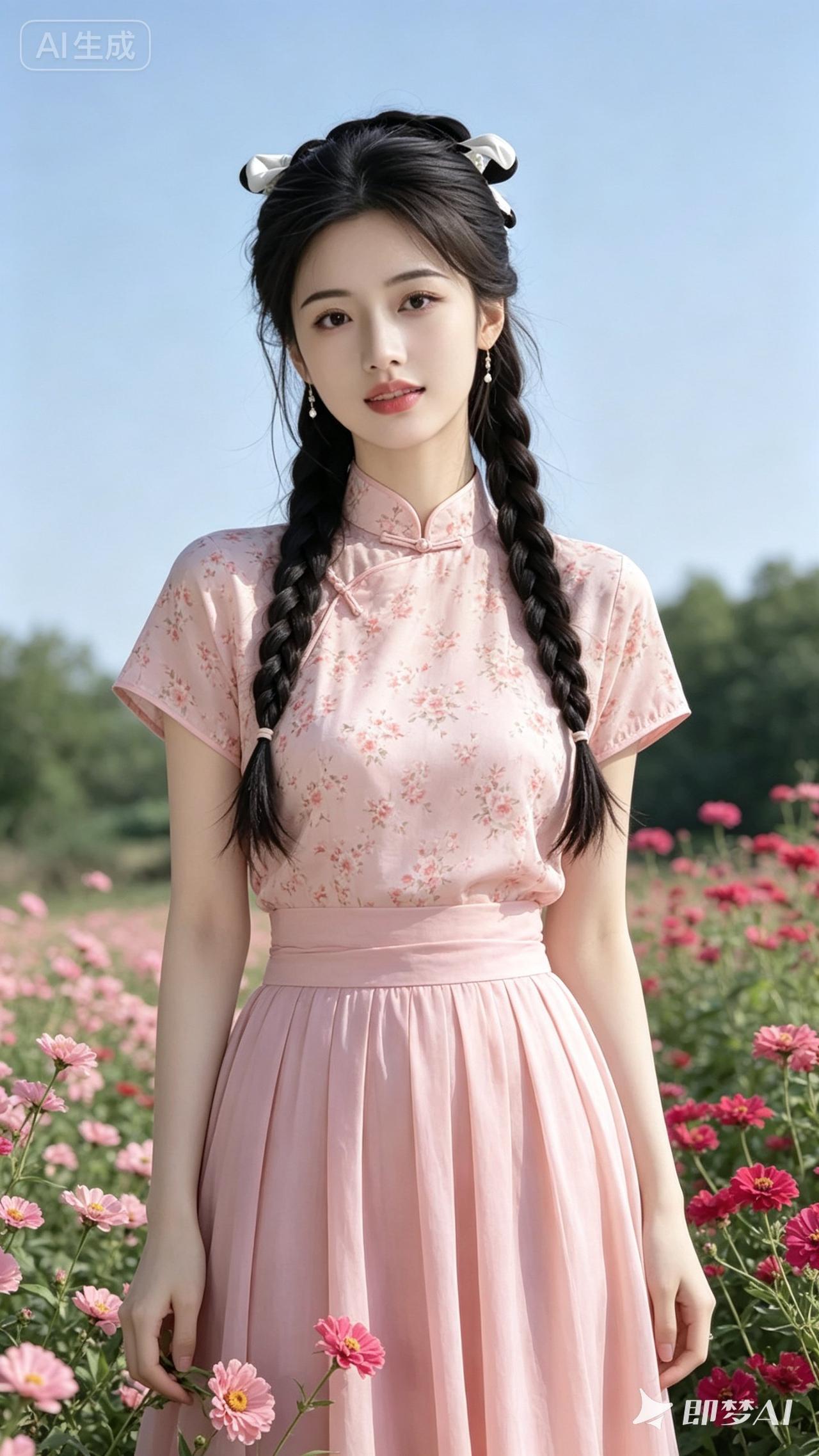 一个穿旗袍的女孩站在花田里。