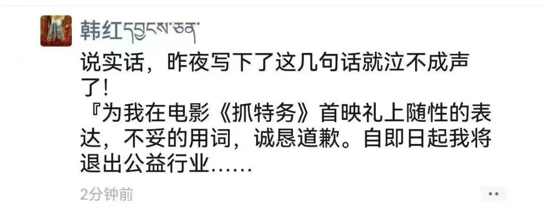 韩红回应《抓特务》首映礼上的发言，称将退出公益行业 