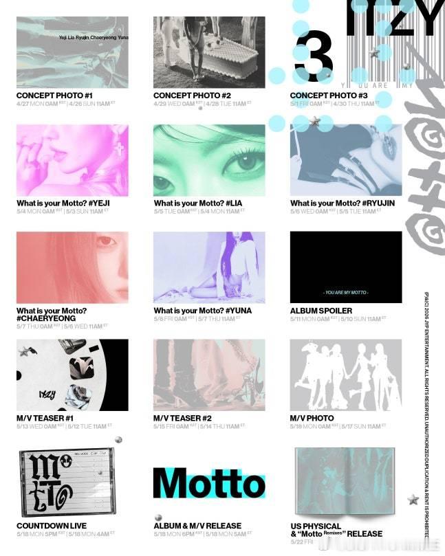 ITZY 将于5月18日携迷你12辑《Motto》回归，预告公开。 