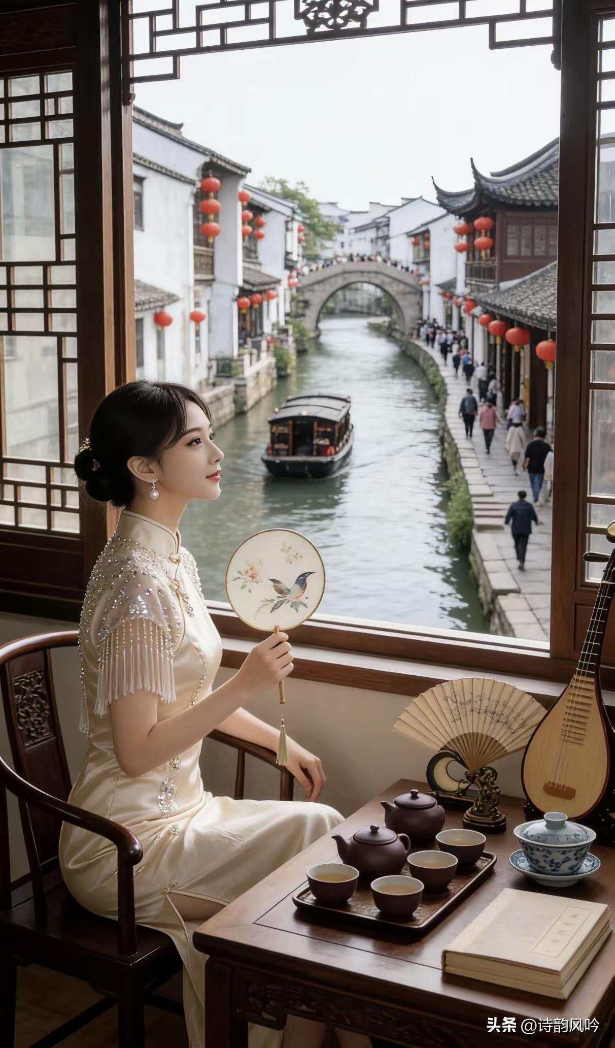 捣练子·江南闲坐
红灯挂，小桥斜，
静品清茶倚窗纱。
笑看落花随逝水，
江南风物