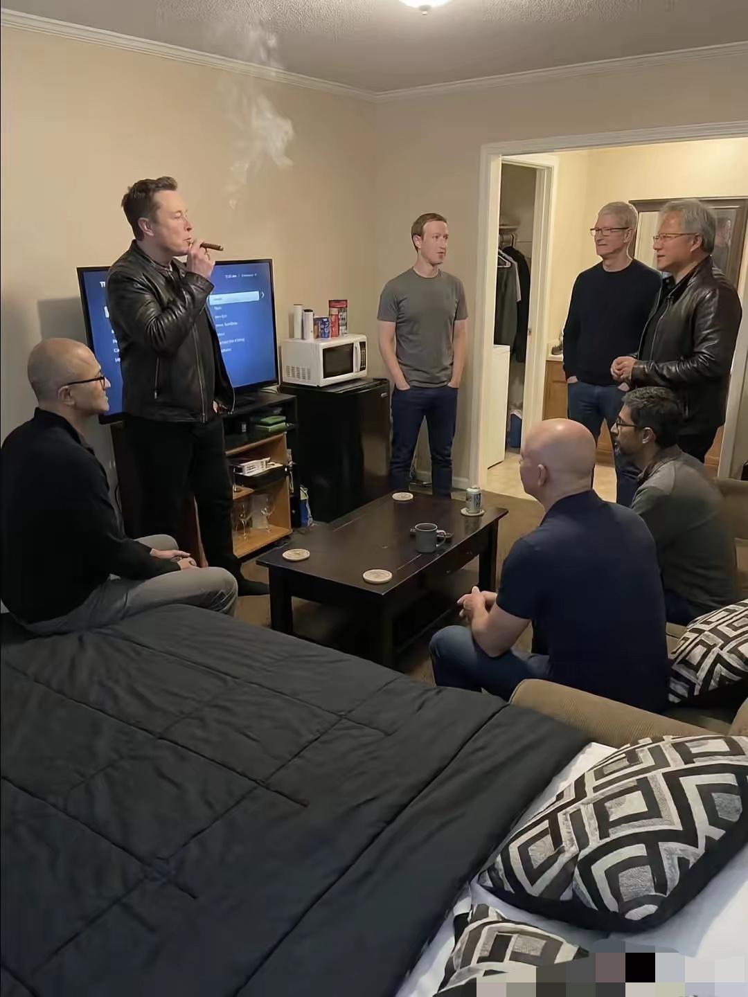 看得出来马斯克挺喜欢抽烟的，这么多的大佬在一起，就他一个人抽烟