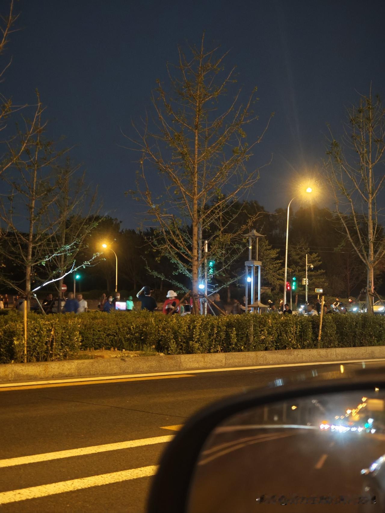 晚上开车路过街边，一抬眼看见绿化带后面围了一堆人——有戴帽子的，有举着手机的，还