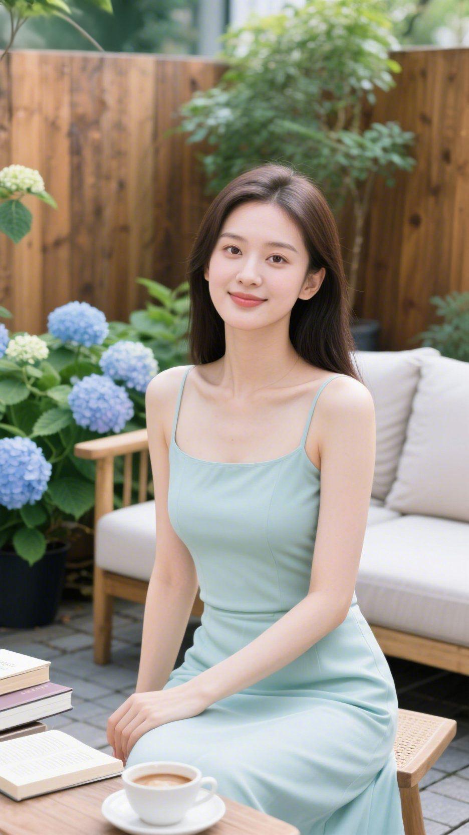 《青裙裹满夏风柔》
 
木栏边的绣球将蓝晕作云，风携草木香漫过藤椅时，她身侧的浅