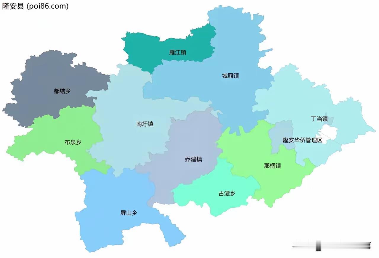 广西隆安县乡镇划分太合理了，整个县份的轮廓也非常好。
这里南面有那桐镇，还有华侨