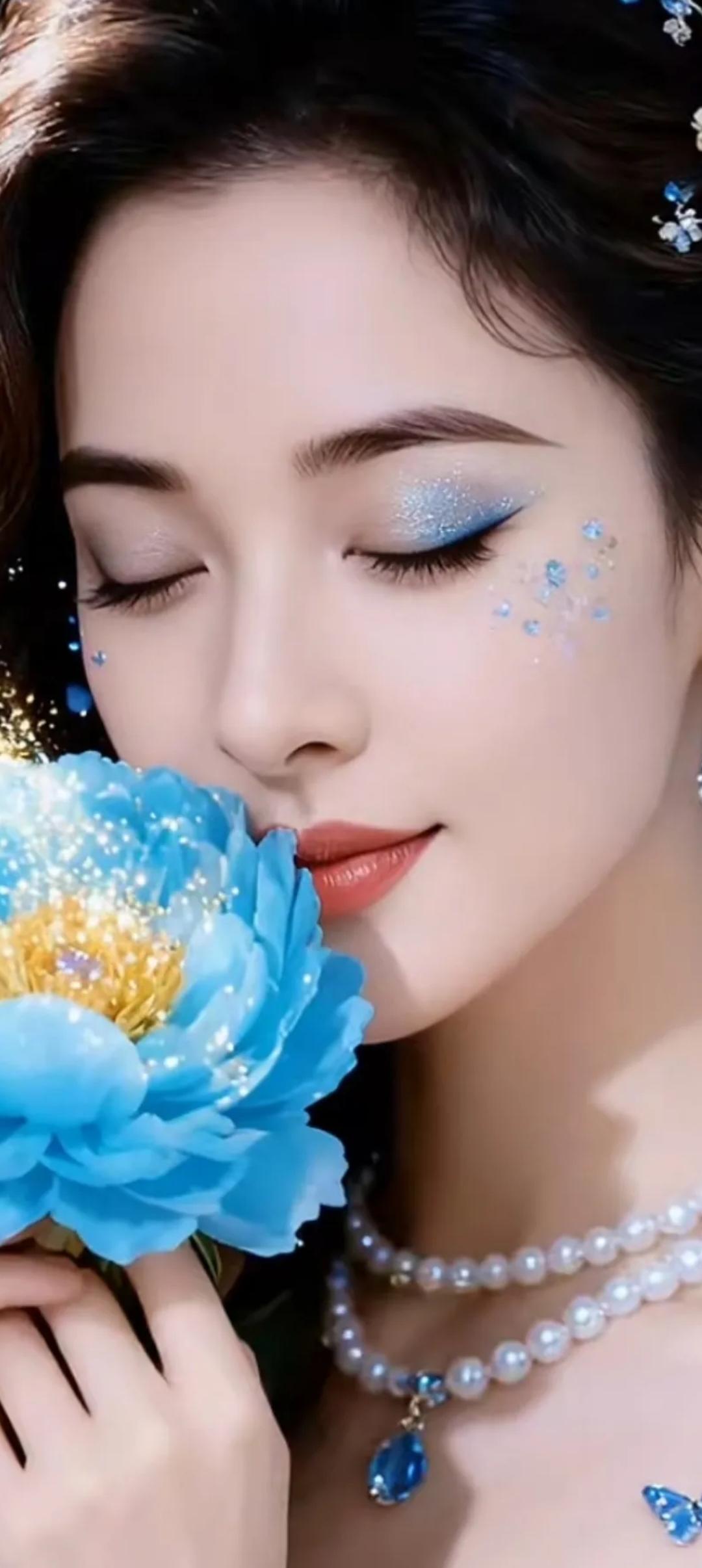 梦幻蓝花仙子，闭眼轻吻花蕊，珍珠项链点缀，唯美动人。