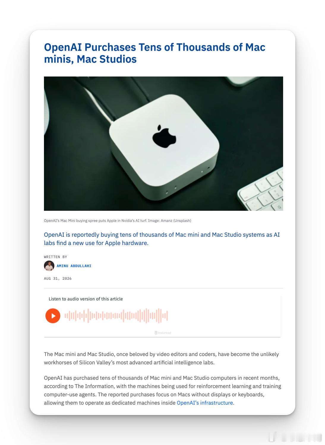 OpenAI采购数万台Mac Mini 和 Mac Studio用于训练电脑操作