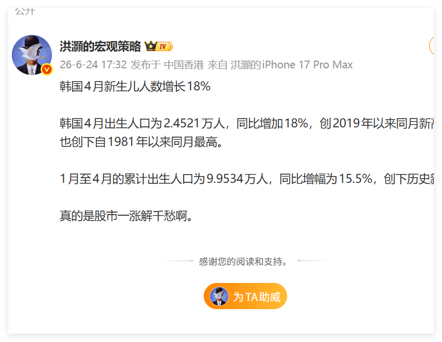 我国的经济学研究就是下图这样的，为什么韩国生育率提高了？洪灝认为是股市上涨导致的
