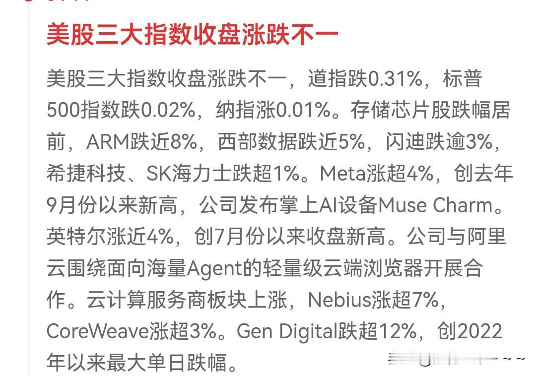 …看看昨天晚上美股收盘情况👇
部分科技股跌的可不轻啊，存储芯片概念大跌，头部企