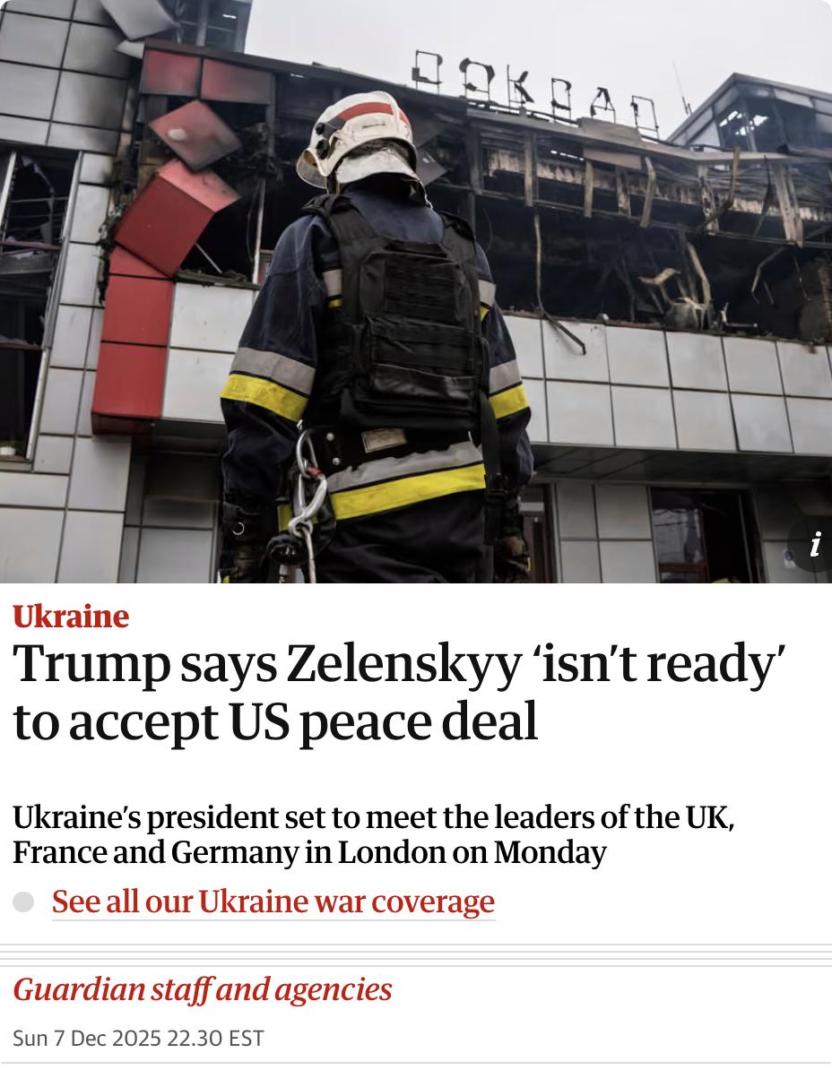 外媒：美国总统特朗普称乌克兰总统泽连斯基“还没准备好”接受美国提出的俄乌和平协议