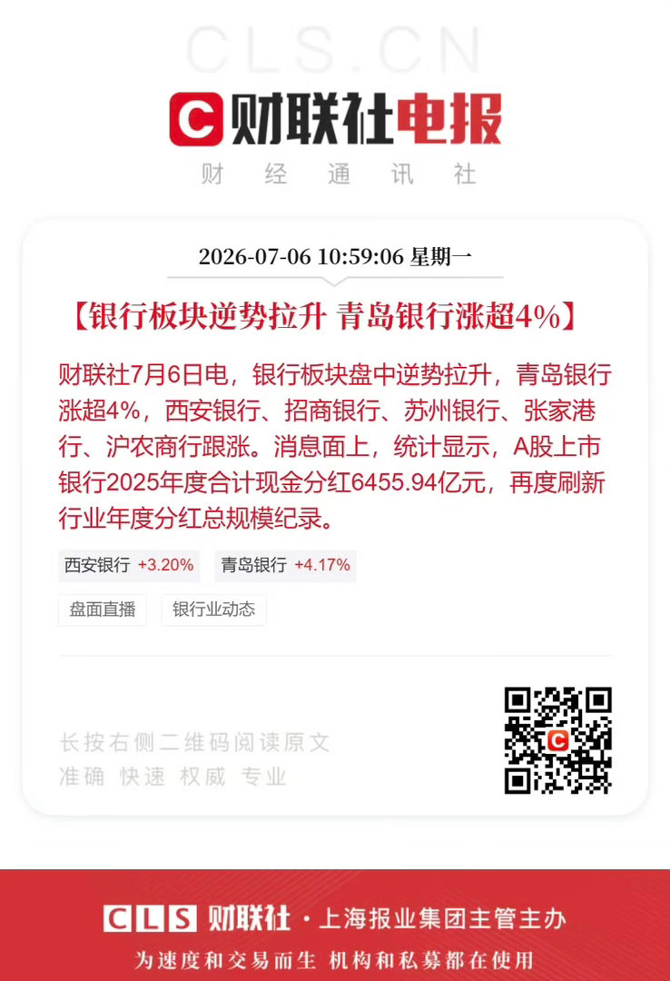 【银行板块逆势拉升青岛银行涨超4%】财联社7月6日电，银行板块盘中逆势拉升，青岛