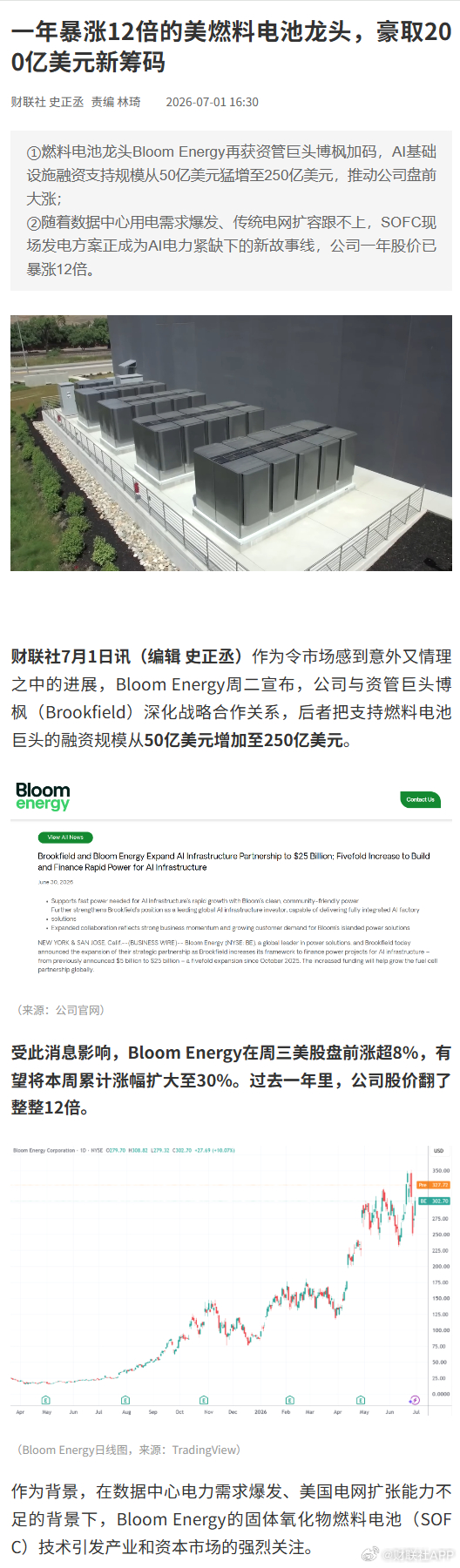【一年暴涨12倍的美燃料电池龙头，豪取200亿美元新筹码】财联社7月1日讯，作为