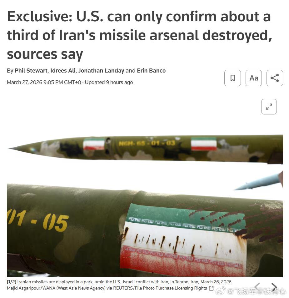 路透社报道了美军评估的战果（截至2026年3月27日）🔻美国仅能确认已摧毁约三