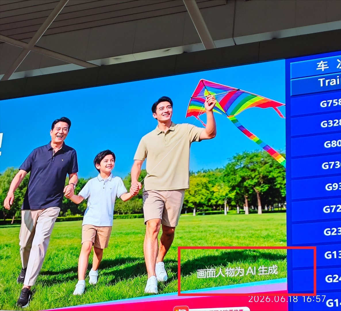 看到这三个高铁站平面广告。图1：很感慨，因为看见了“画面人物为AI生成”。过去老
