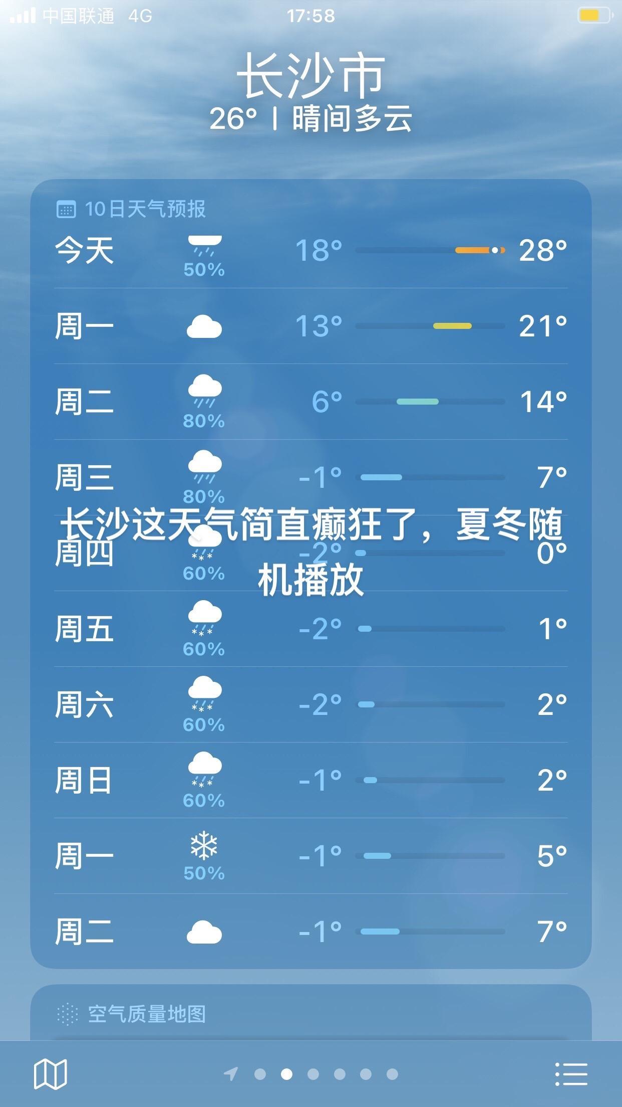 长沙这天气简直癫狂了，夏冬随机播放#说变天就变天 #未来一周天气预报 #南方的冬