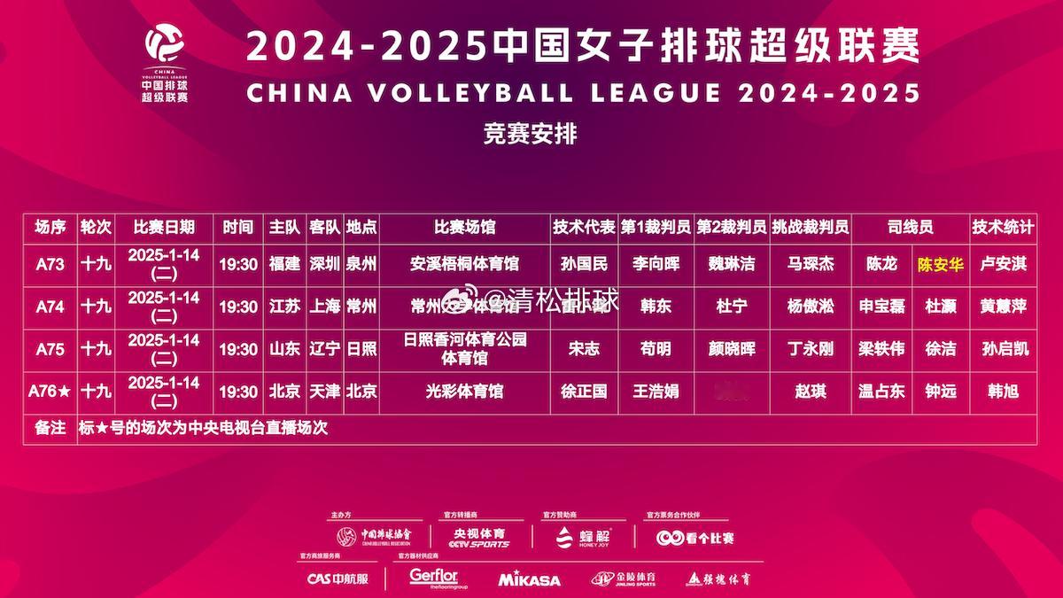 【赛程】2024-2025中国女排超级联赛A级季后赛第十九轮赛程（1.14 周二