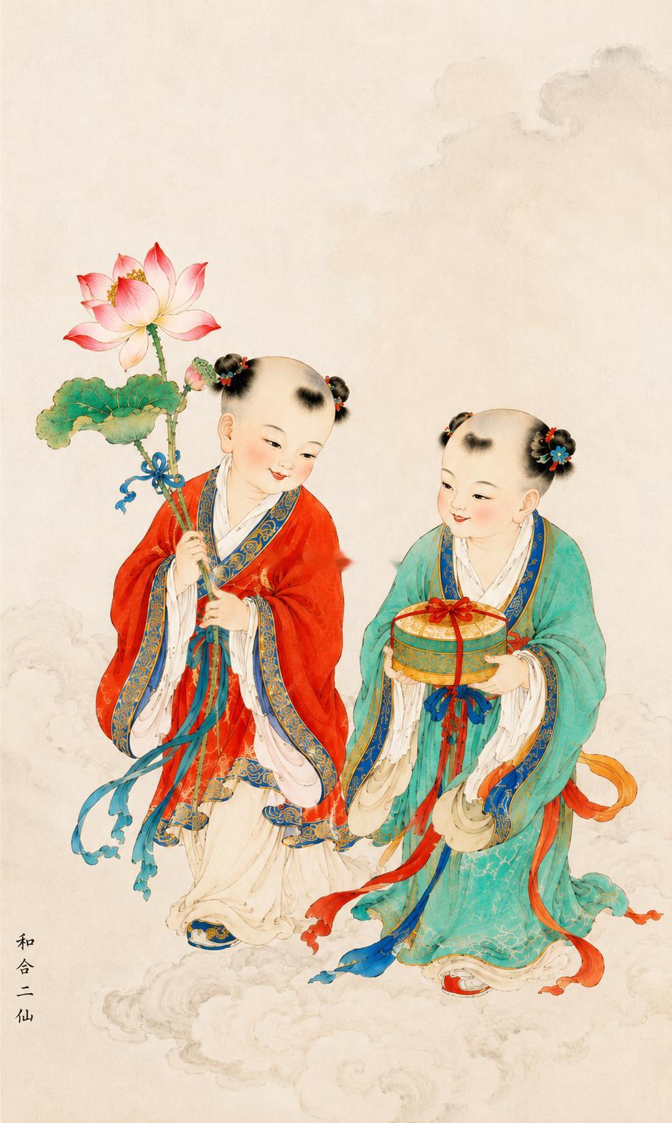 和合二仙临门，一团和气最招财，刷到的人近期人缘旺、贵人多。见者诸事顺遂。好运连连