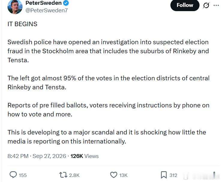 瑞典警方已对斯德哥尔摩地区涉嫌选举舞弊的事件展开调查，该地区包括林克比和泰恩斯塔