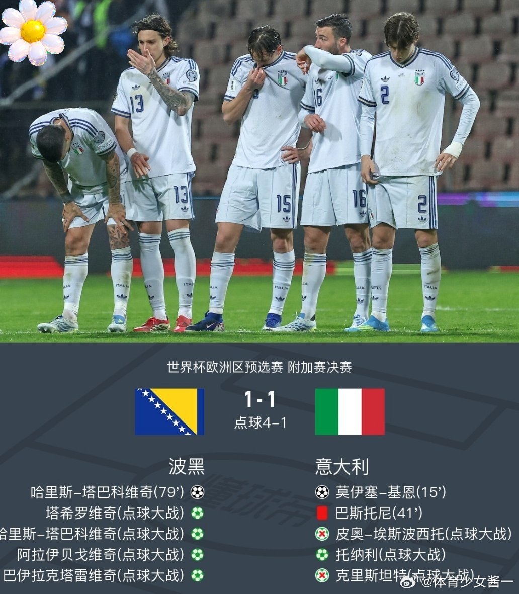意大利不敌波黑十人意大利总比分2-5波黑连续三届未进世界杯，巴斯托尼直红北京时间
