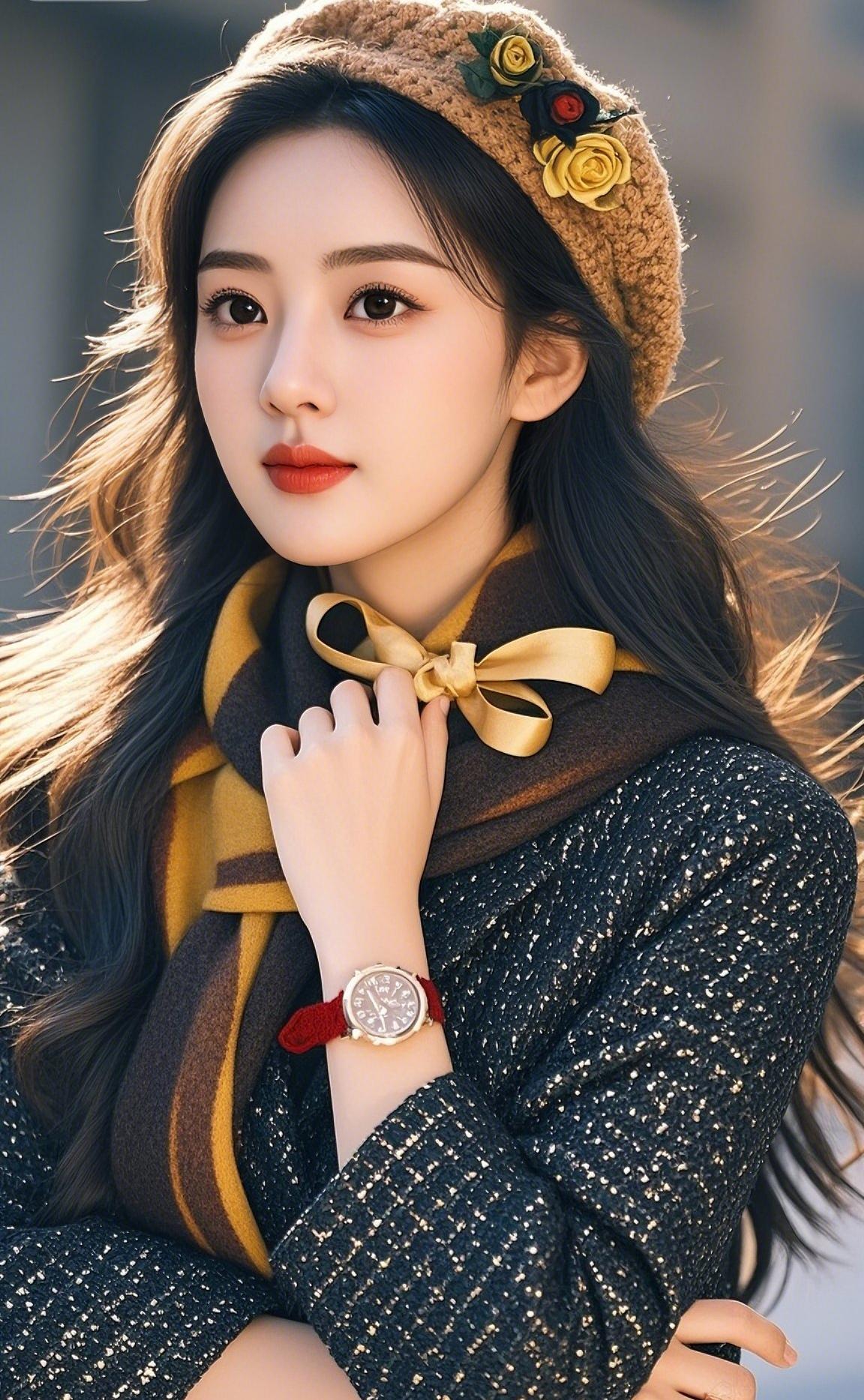 上联：俏倚冬阳，绒帽簪花柔映靥
下联：闲笼暖意，围巾系蝶雅萦身