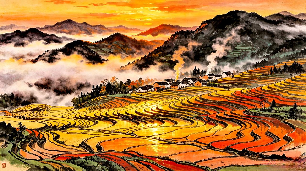 【原创作品】
七绝•山乡晚照
     文/张和平
四围峦嶂覆轻纱，
十里梯田种