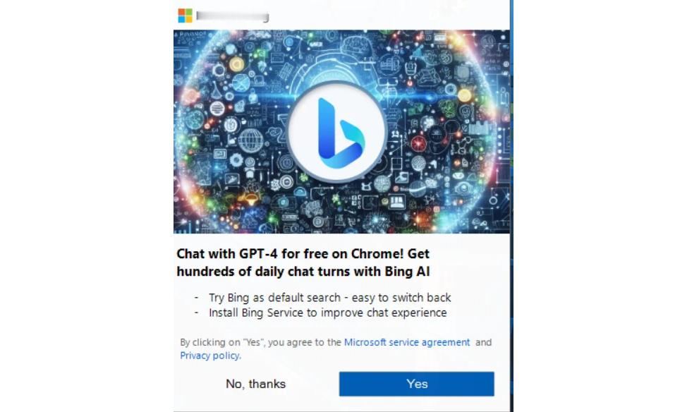 微软正在向 Chrome 用户弹出“推荐使用 Bing 搜索” 广告，这个广告的