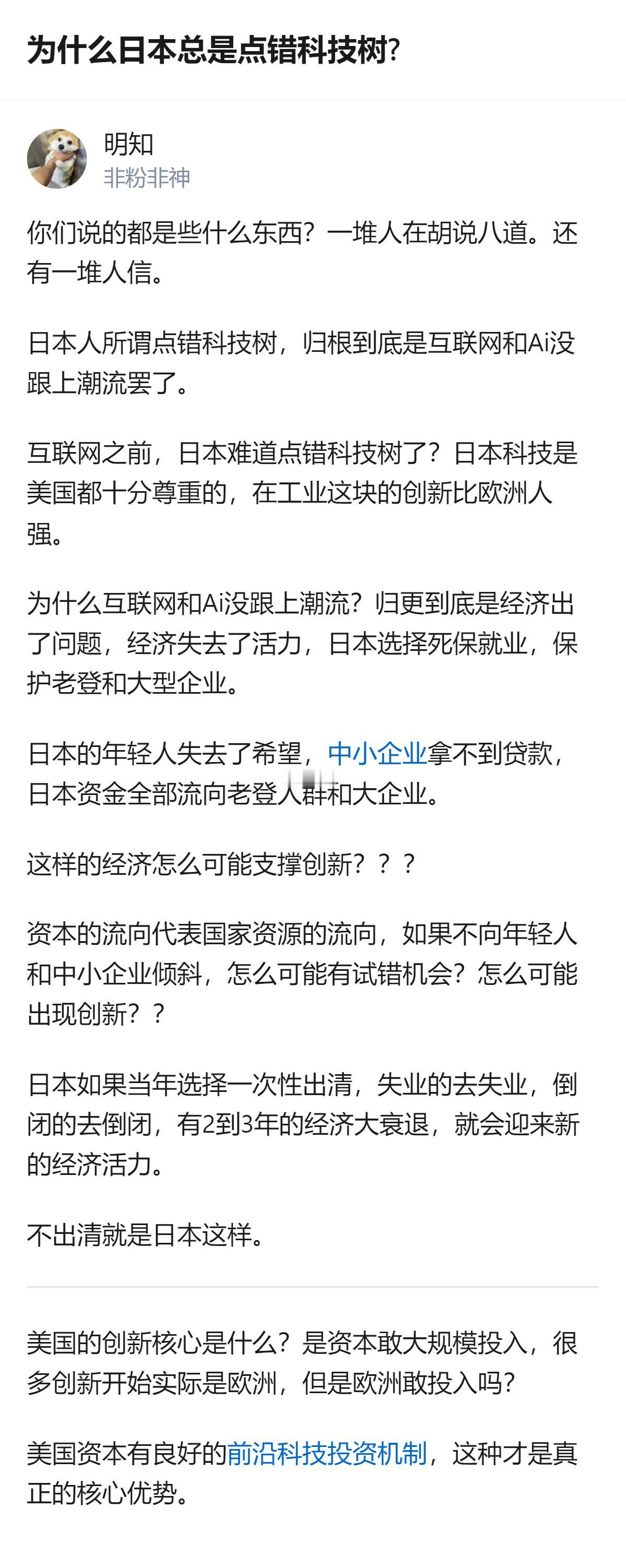 从现有信息看，针对日本科技发展的讨论里，有观点认为日本在互联网和AI领域没跟上潮