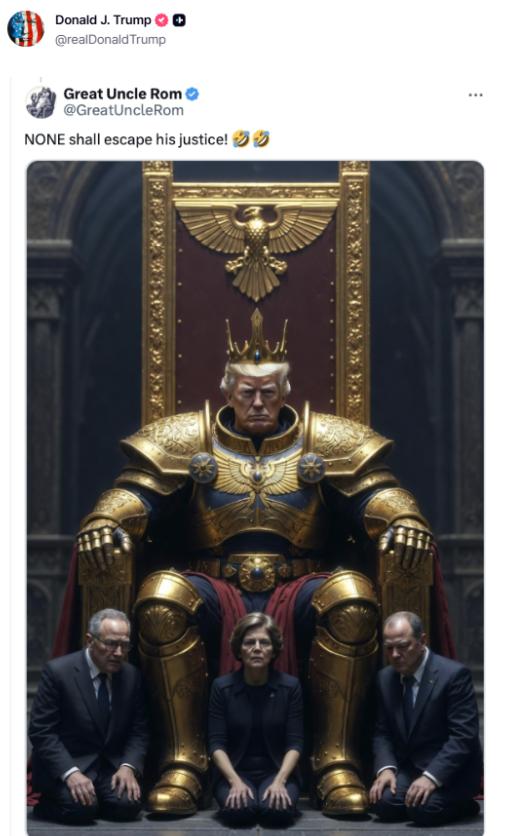 特朗普今天（北京时间11月24日）在自己的社交媒体上发布了一张“特朗普国王”与查