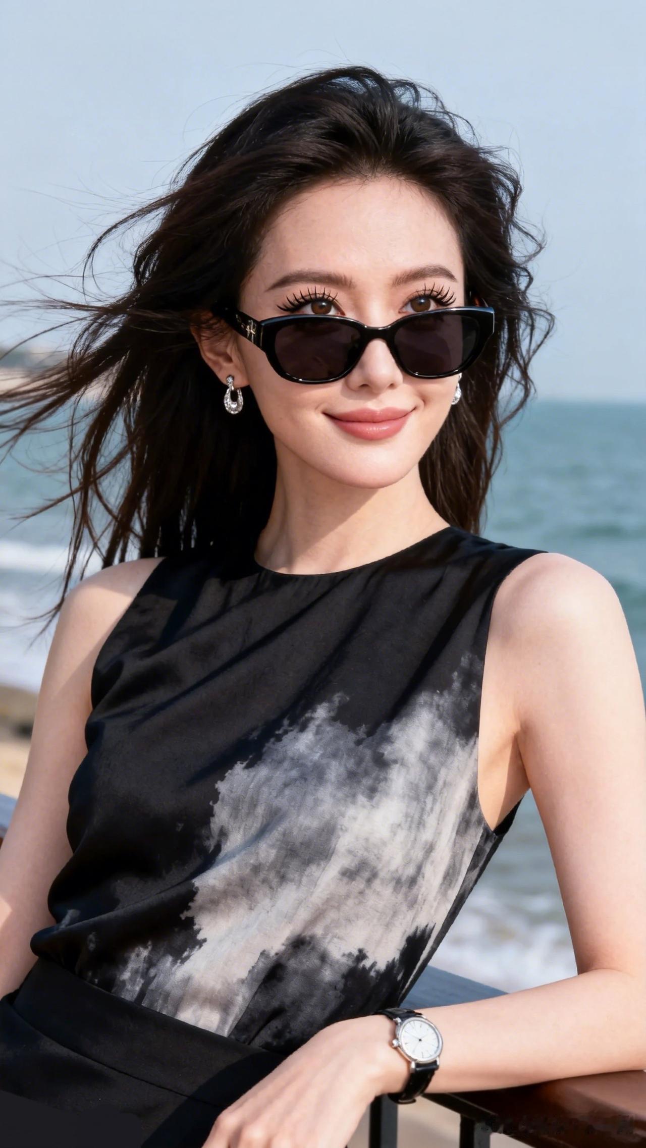 海边度假风，黑白色调连衣裙，墨镜和耳环点缀，轻松自在的一天🌊👗😎