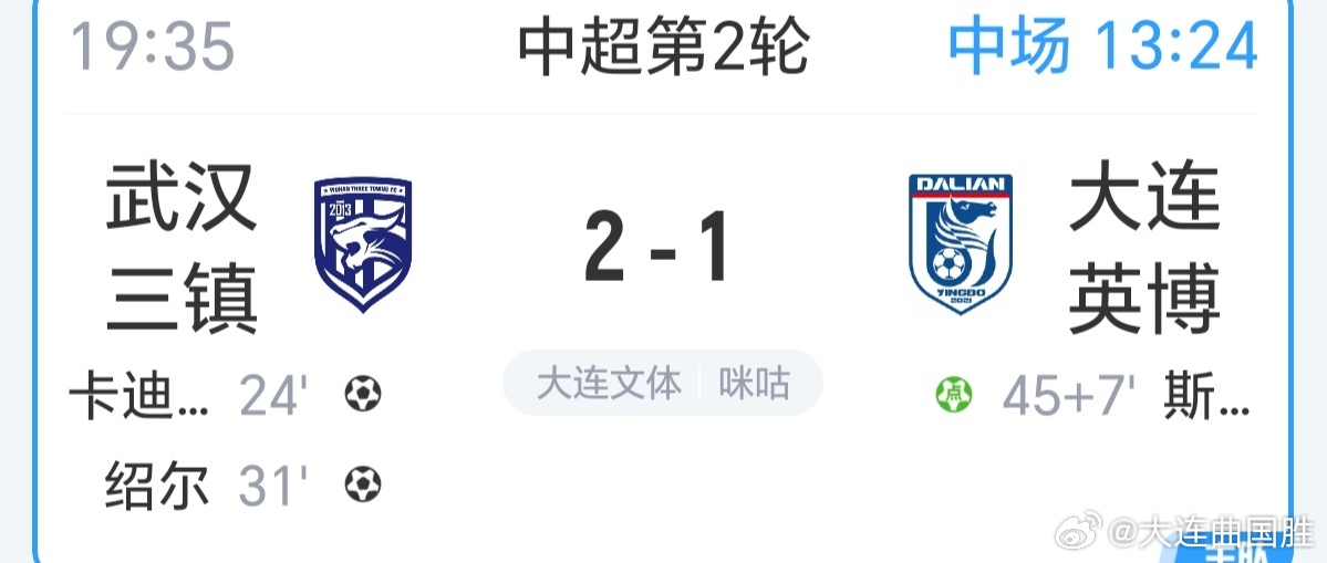 中超联赛武汉三镇vs大连英博上半场比赛结束，大连队虽然1比2暂时落后，但踢的有意