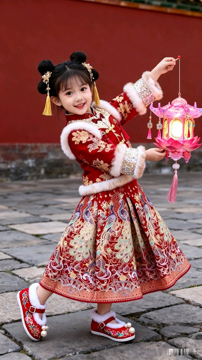 小妹妹穿着传统服饰，手拿灯笼 民族服装少女 灯笼小姑娘