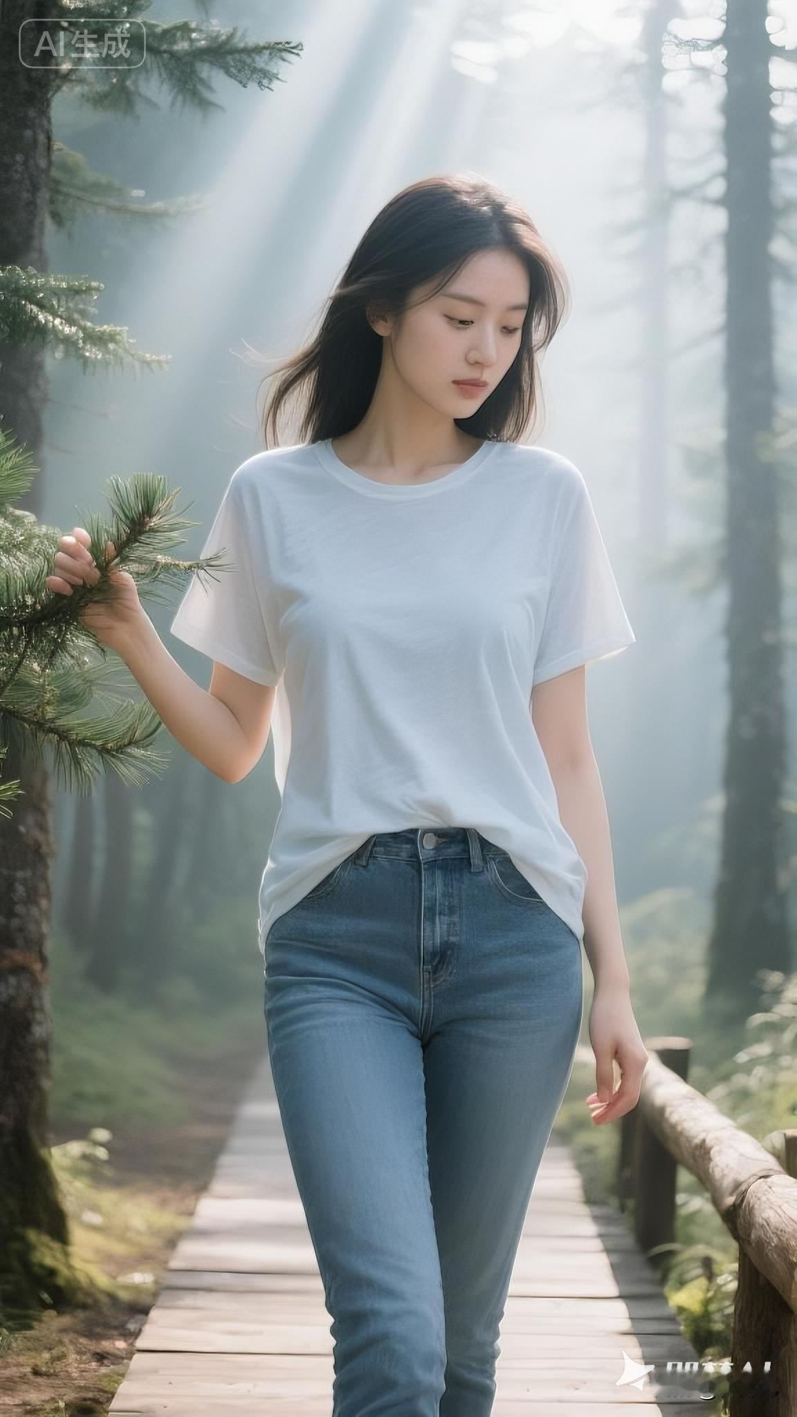“返景入深林，复照青苔上”
——王维诗词欣赏。
轻抚松枝，漫步晨雾木栈，光影斑驳