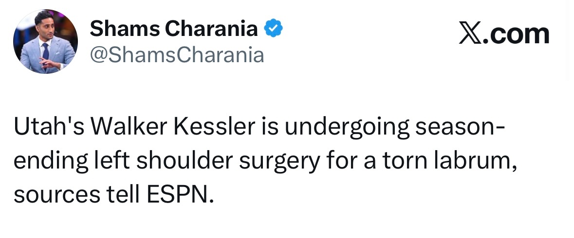 Shams：凯斯勒将接受左肩手术，赛季报销。 ​​​
