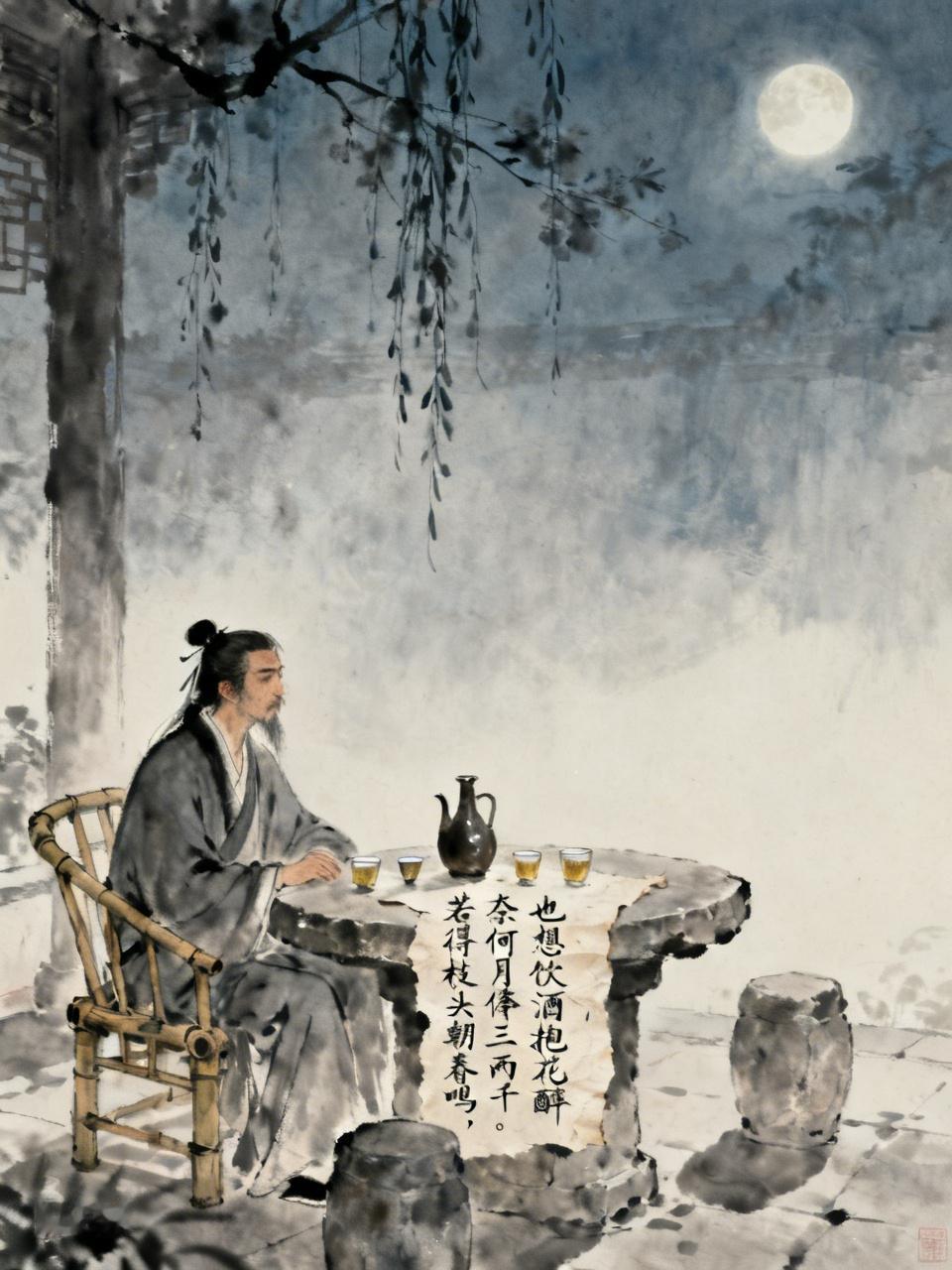 一落魄书生夜来无聊，自斟自饮。
几杯黄酒下肚，忽来诗兴。
掷杯吟诵，写了三句诗。