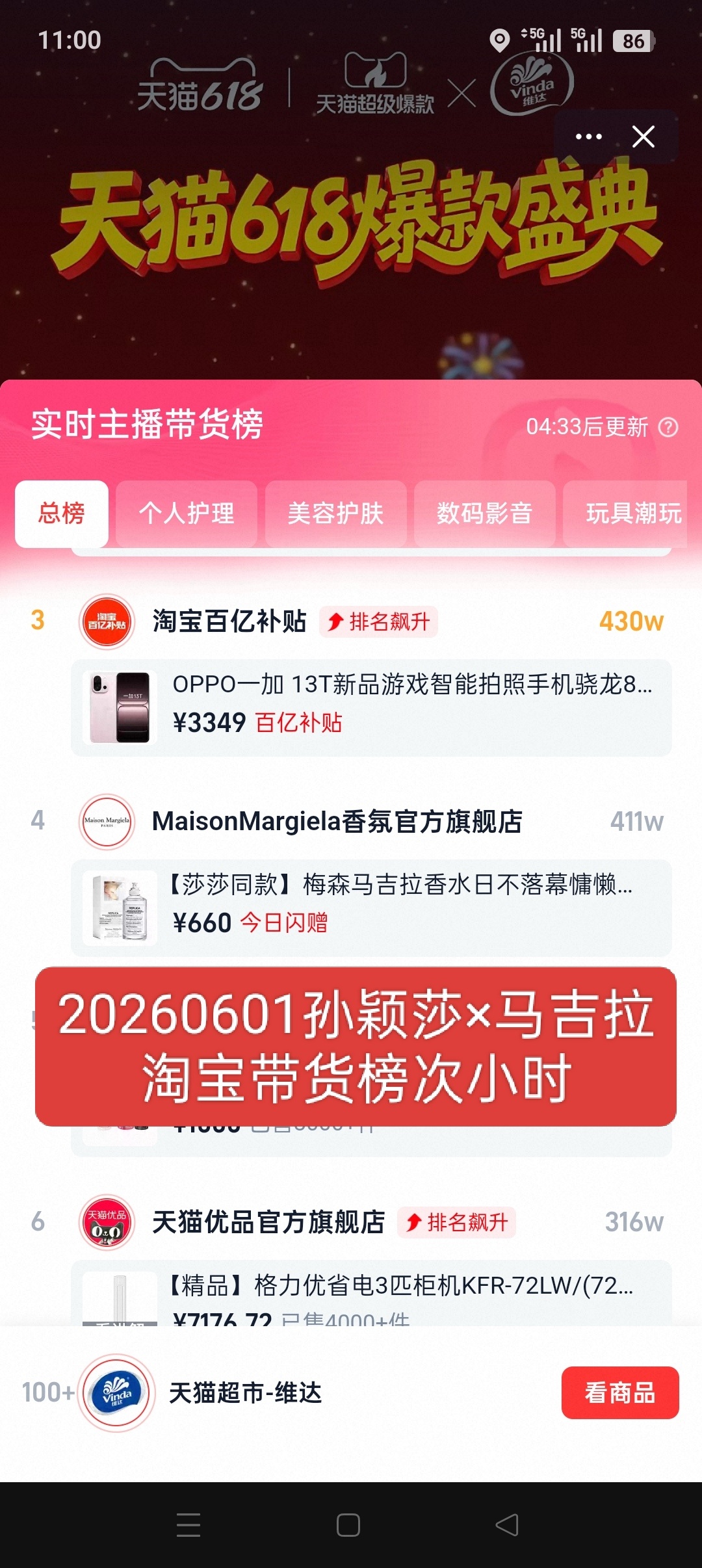 🍑带货榜首小时1094w，莎莎妈棒棒的孙颖莎马吉拉香氛全球代言人