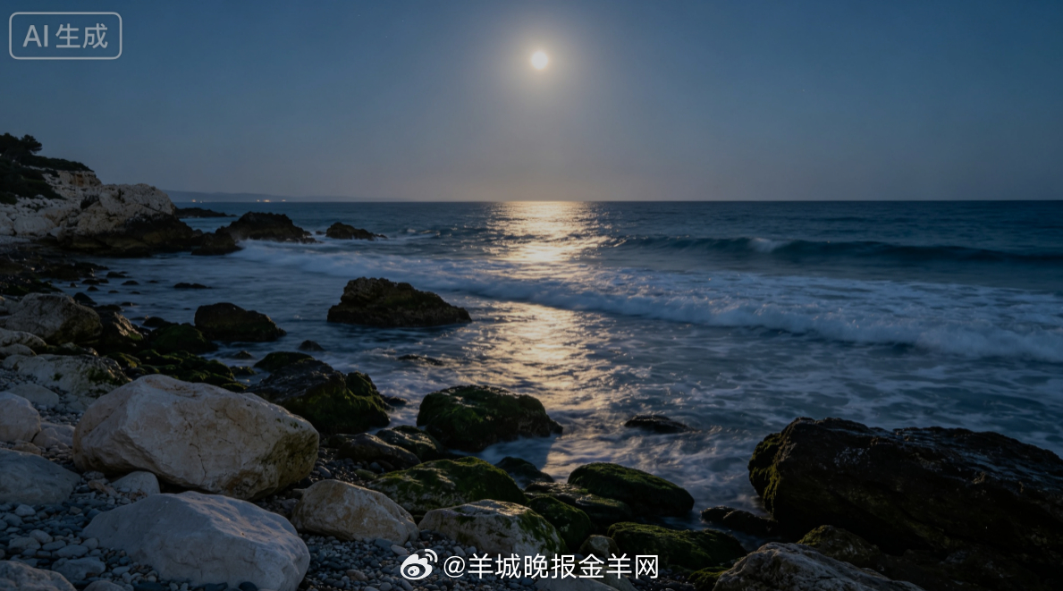 #晚安# 皎洁月光洒在海边错落礁石，海面铺满细碎银浪，夏夜海风带着淡淡的咸意，吹