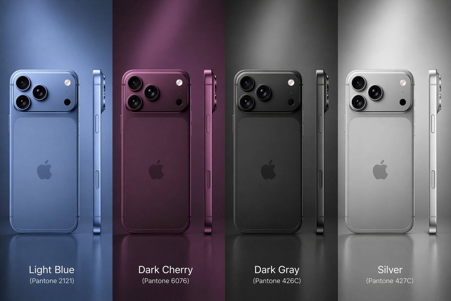 iPhone 18Pro 配色渲染图暗樱桃色、银色、浅蓝色、深灰色银色最耐看了我